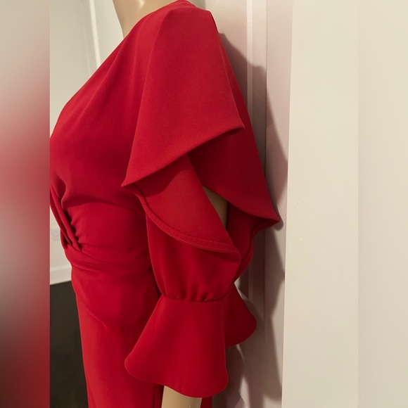 Talbot Runhof red draped dress with ruffle sleeve - Picture 3 of 5